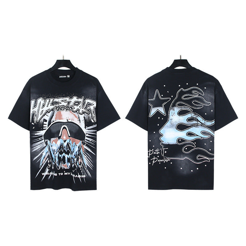 New Trendy American Style H Hell Star Series Printed Pure Cotton Casual Unisex Vintage Washed Loose Short-Sleeve T-Shirt