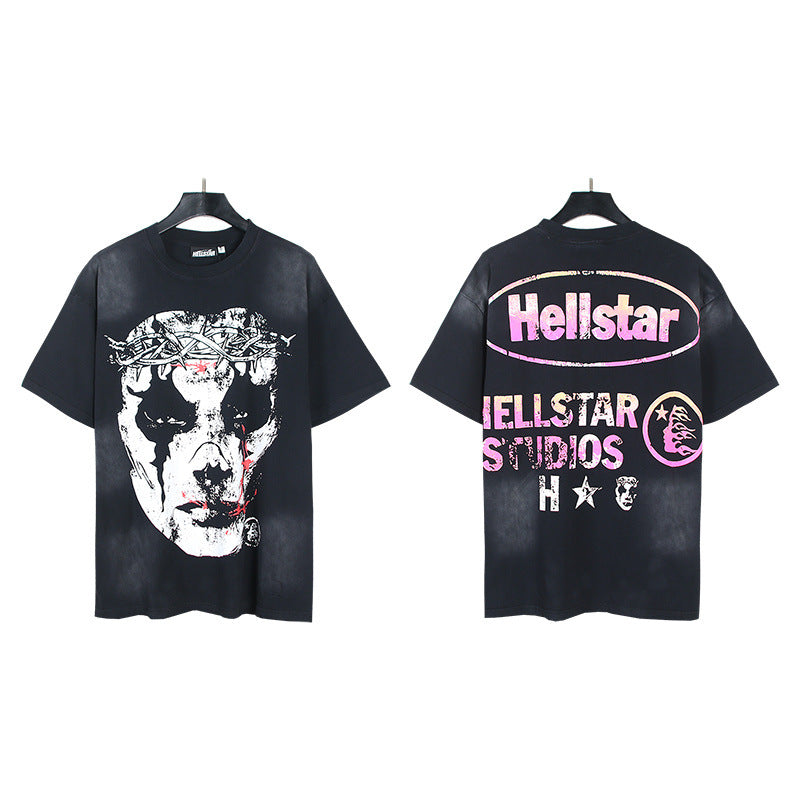 New Trendy American Style H Hell Star Series Printed Pure Cotton Casual Unisex Vintage Washed Loose Short-Sleeve T-Shirt