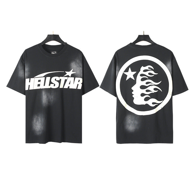 New Trendy American Style H Hell Star Series Printed Pure Cotton Casual Unisex Vintage Washed Loose Short-Sleeve T-Shirt