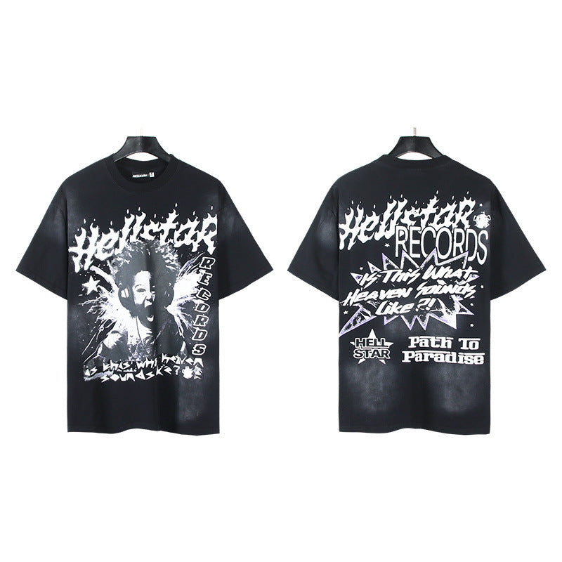 New Trendy American Style H Hell Star Series Printed Pure Cotton Casual Unisex Vintage Washed Loose Short-Sleeve T-Shirt