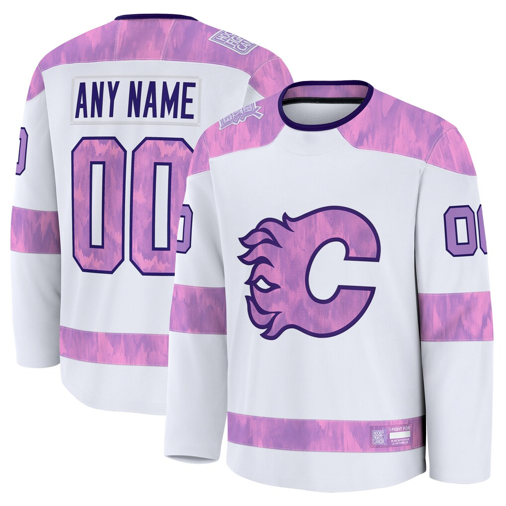Newshops Custom C.Flames White 2024 Hockey Fights Cancer Practice Jerseys