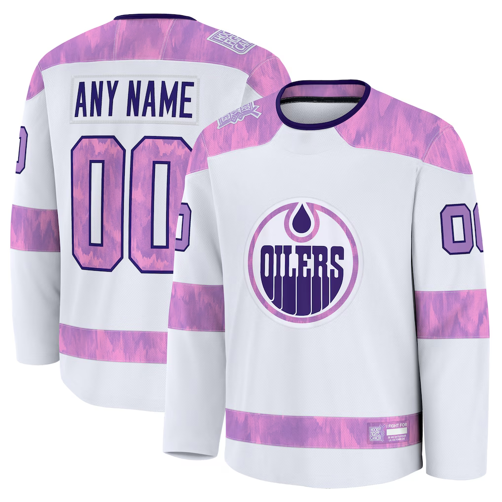 Newshops Custom E.Oilers White 2024 Hockey Fights Cancer Practice Jerseys