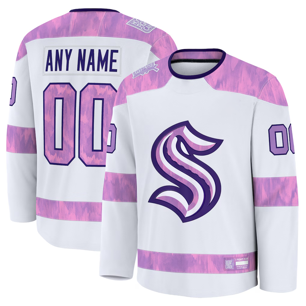 Newshops Custom S.Kraken White 2024 Hockey Fights Cancer Practice Jerseys