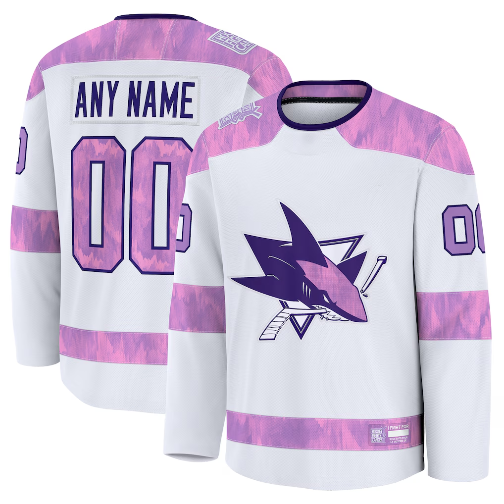 Newshops Custom SJ.Sharks White 2024 Hockey Fights Cancer Practice Jerseys