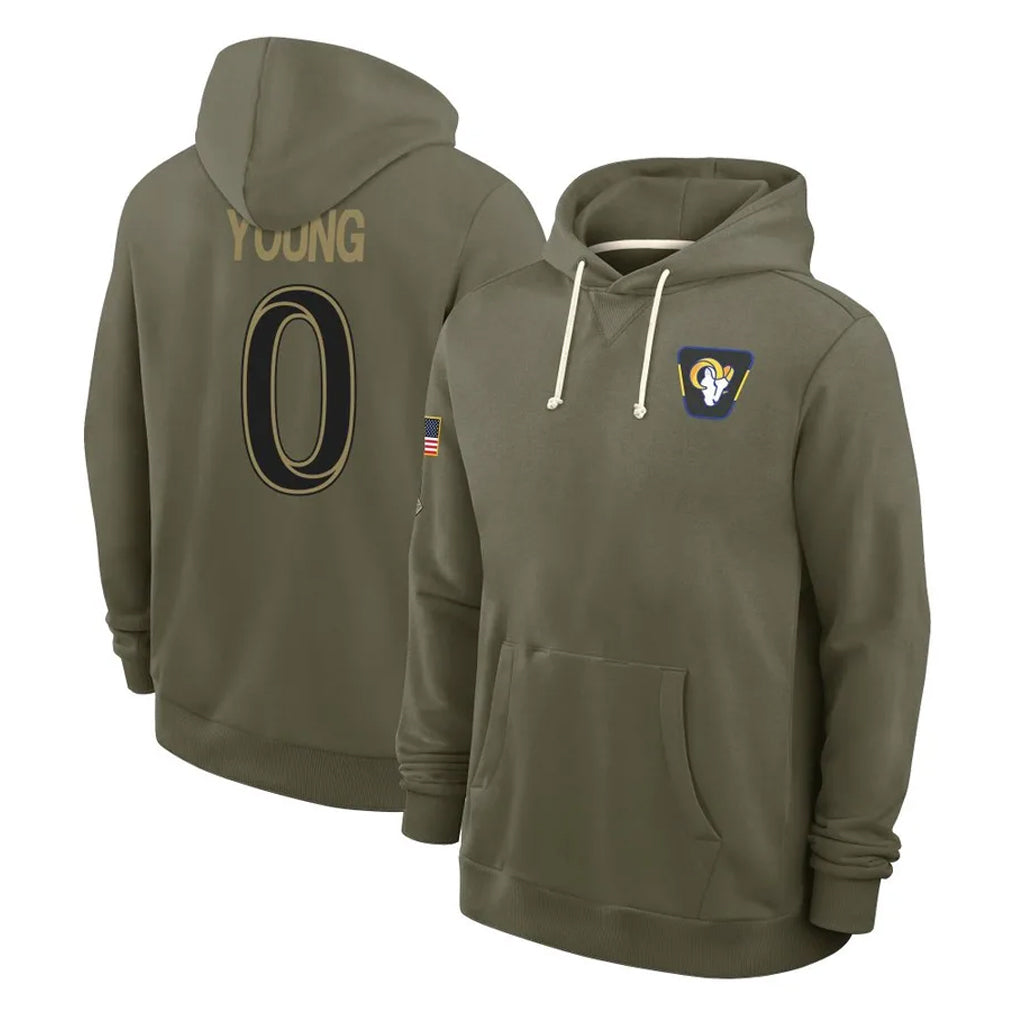 Newshops LA.Rams #0 Byron Young Player Olive Salute to Service Pullover Hoodies Limited Stitched Jerseys
