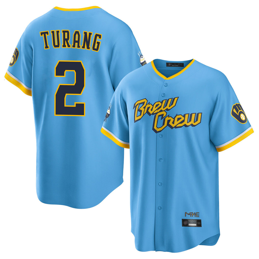newshops M.Brewers #2 Brice Turang Player Light Blue City Connect Home Game Stitched Jerseys