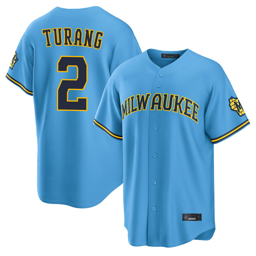 newshops M.Brewers #2 Brice Turang Player Light Blue Road Stadium Game Stitched Jerseys