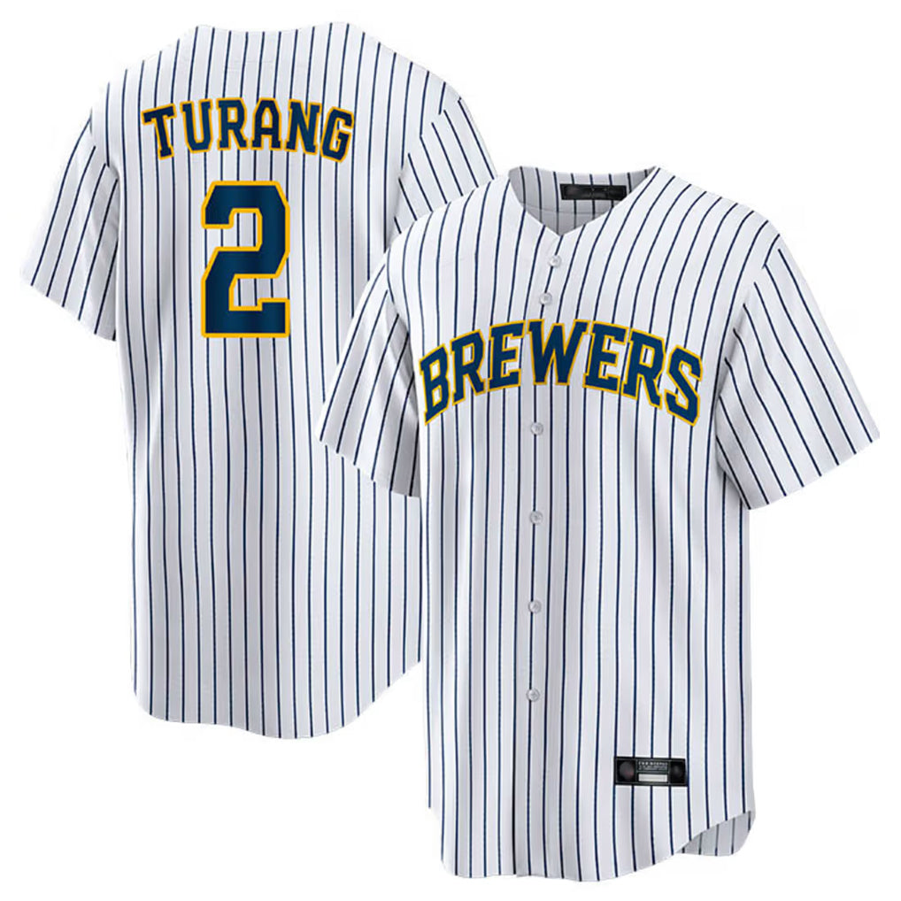 newshops M.Brewers #2 Brice Turang Player White Stripes Home Game Stitched Jerseys