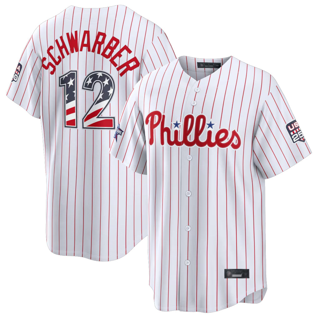 Newshop P.Phillies #12 Kyle Schwarber Player White 2026 All-Star Edition Stars & Stripes Home Game Stitched Jerseys